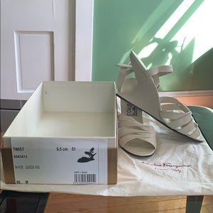 Salvatore Ferragamo F wedge suede white sandal.